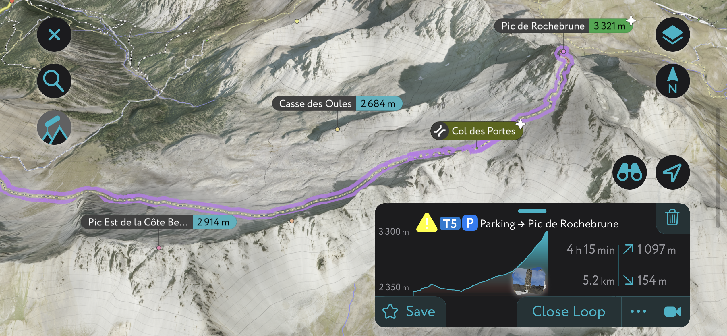 The route up the Pic du Rochebrune on the PeakVisor App. Photo: Sergei Poljak. Parc Naturel Régional