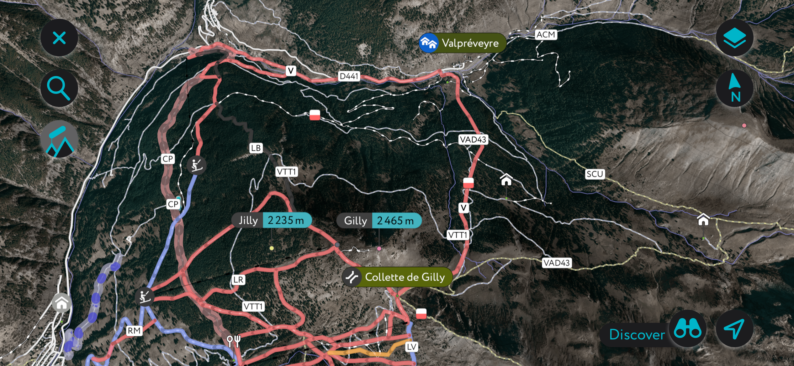 The Abriès north-facing off-piste zone from the top of the Gilly on the PeakVisor App. Parc Naturel Régional