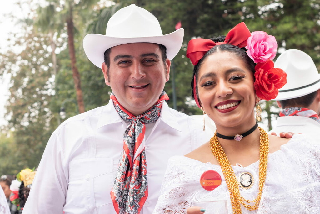 Couple dressed with traditional clothes during the Record La Bamba 2019 in Xalapa, Veracruz