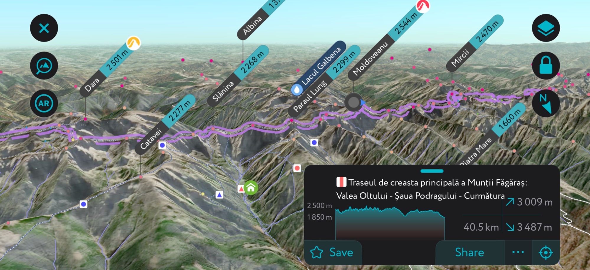 PeakVisor mobile app’s 3D generation of the Făgăraș Mountains, showing the Muntii Făgăraș trail