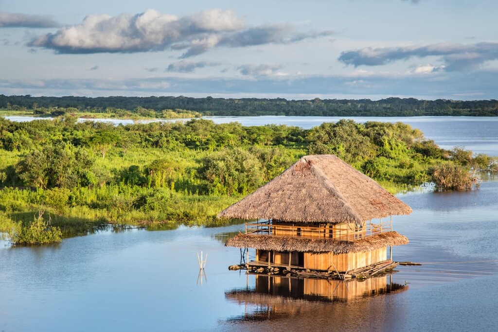 Panoramic view of a Traditional house and the Amazon river in Iquitos, Loreto, Peru