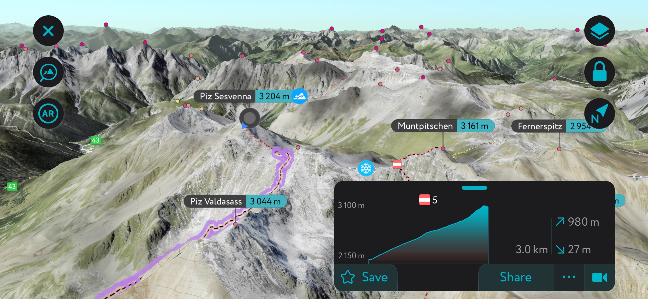 Piz Sesvenna’s East Ridge on the PeakVisor Mobile App. Sesvenna Alps