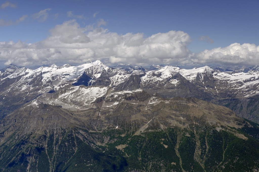 Aerial shot of Rheinwaldhorn and the surrounding ridge. Adula Alps