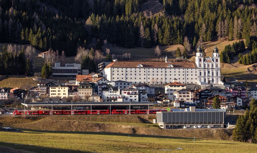 Disentis with Disentis Abbey in the background. Adula Alps