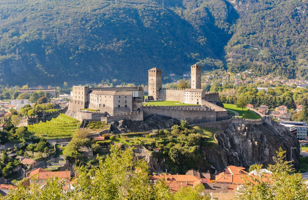 The view of Castelgrande from Montebello Castle in Bellinzona. Adula Alps