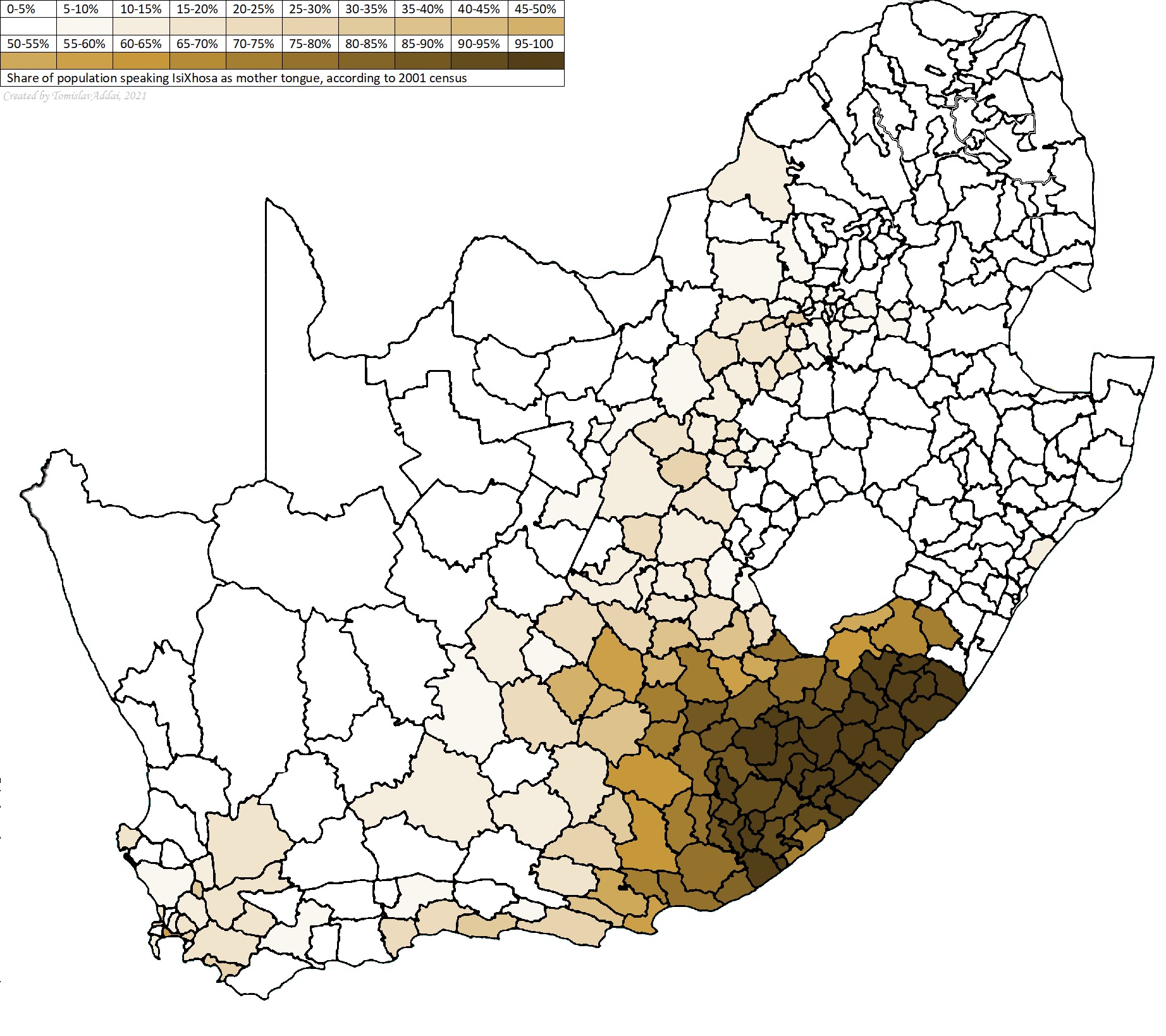 A map showing the proportion of Xhosa-speaking peoples, with the epicenter around the Amathole district. Amathole District Municipality