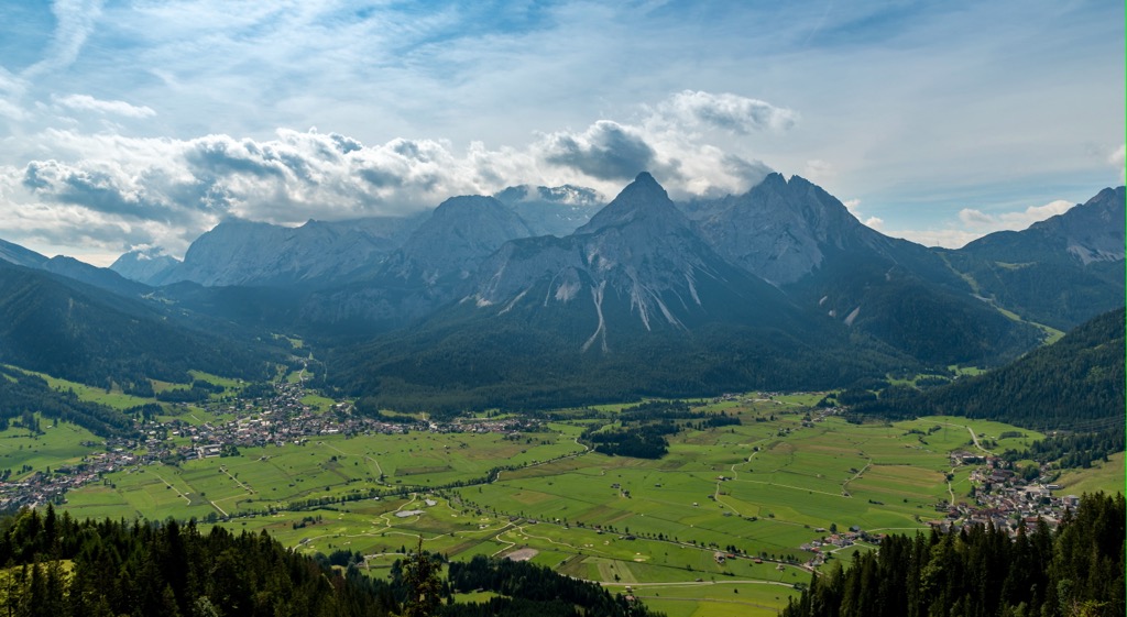 Ehrwalder Sonnenspitze in Tirol Austria with the village Lermoos, Ammergau Alps