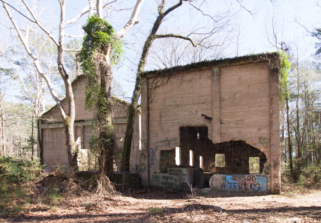 The crumbling shell of the Aldridge Sawmill. Angelina National Forest