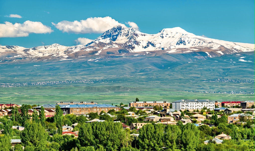 View of Mount Aragats above Gyumri city, Armenia