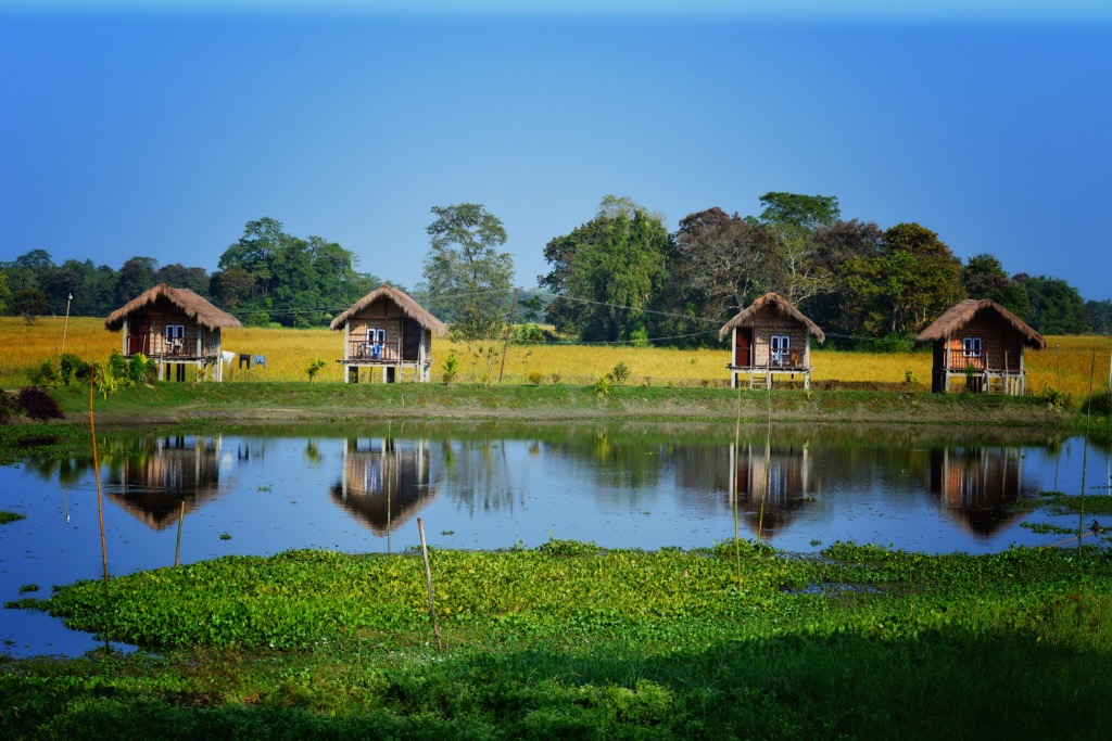 Traditional houses on Majuli Island. Assam Mountains