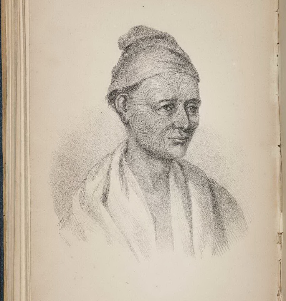A lithograph portrait of Te Kawau, Auckland, New Zealand