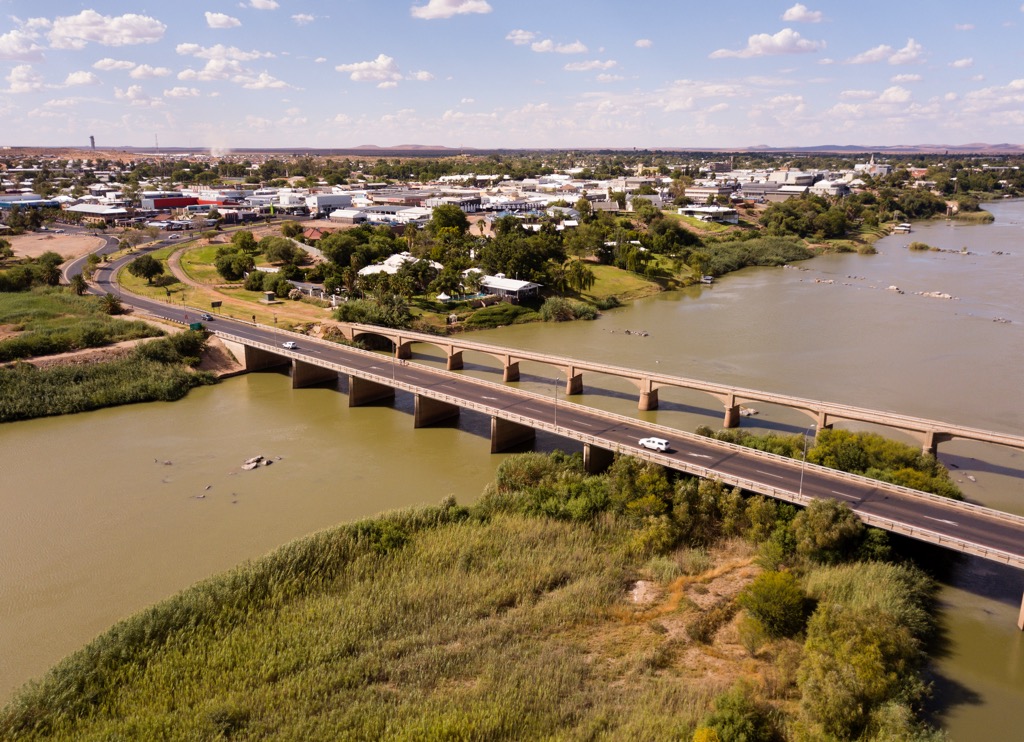 An aerial view of Uptington, South Africa, and the Orange River. Augrabies Falls