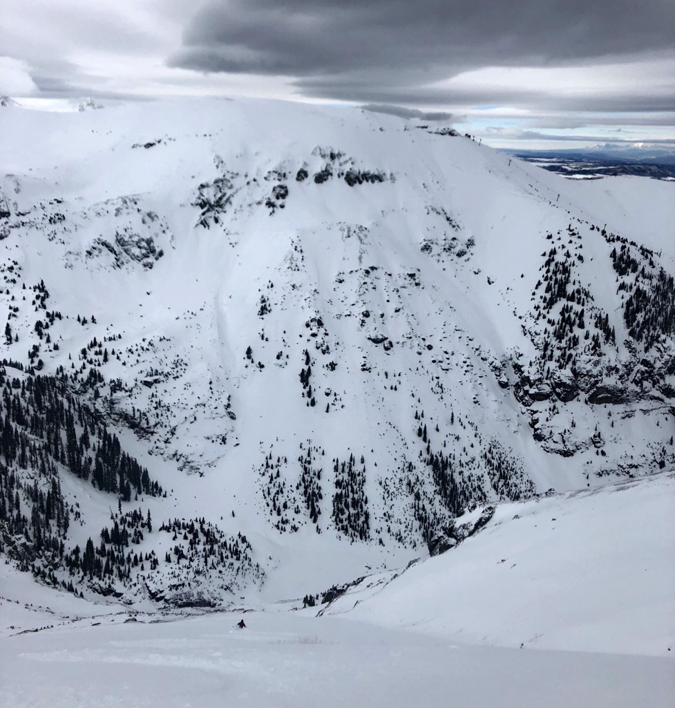 The Wave is the most manageable descent on the Wasatch Face. You can see the ski resort and the Bear Creek “Uppers” on the opposite side of the valley. Photo: Eitan Bornstein. Backcountry Telluride