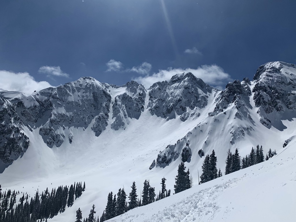 Upper Waterfall Canyon as seen from the top of Mustang. Yes, those couloir are skiable, but the approach lies on the other side of the ridge, coming from Trout Lake.  Photo: Sergei Poljak. Backcountry Telluride