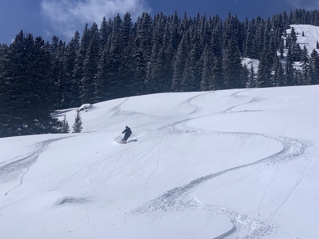 Making turns on the lower flanks of Mustang. Photo: Sergei Poljak. Backcountry Telluride