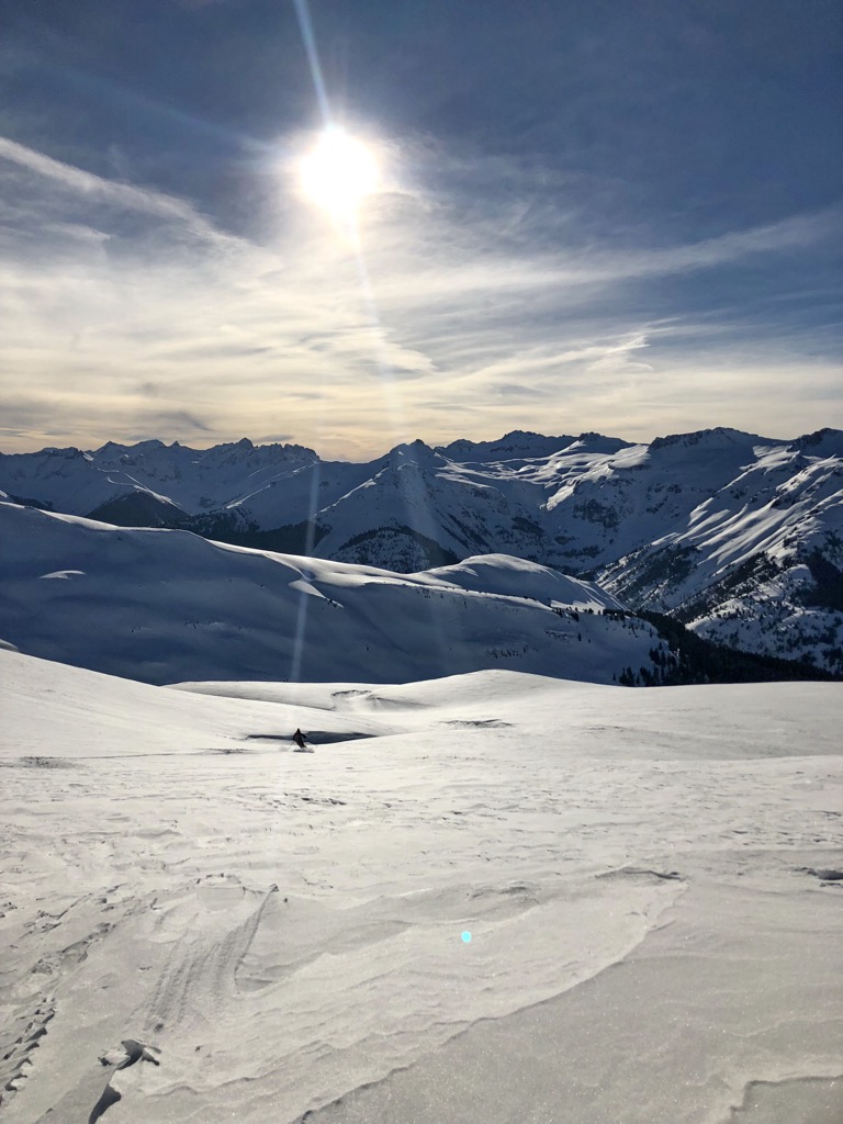 Skiing off into the sunset from McMillan Peak. Photo: Andy Orowitz. Backcountry Telluride