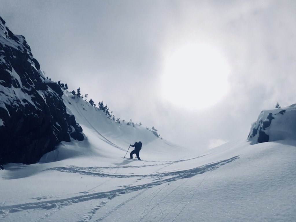 Gaining the first headwall on the approach to Turkey Chute. Photo: Andy Orowitz. Backcountry Telluride