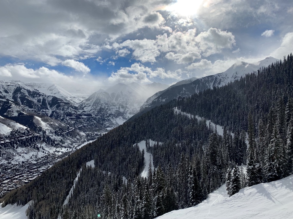 Telluride Ski Resort and the Town of Telluride as seen from the Coonskin lift (lift 7). Photo: Sergei Poljak. Backcountry Telluride