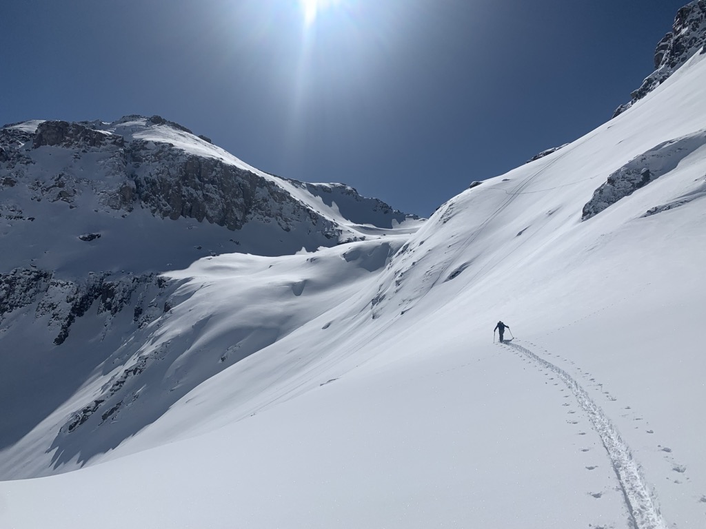 Setting the skin track up to the San Joaquin Couloir. Photo: Sergei Poljak. Backcountry Telluride