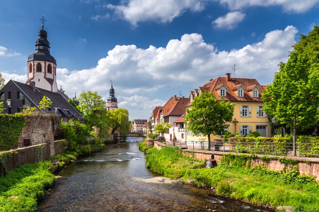 Cityscape by the river Alb in Ettlingen, Baden-Württemberg, Germany