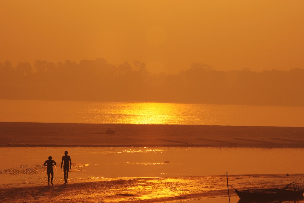 Air pollution around the Ganges at sunrise. Bihar