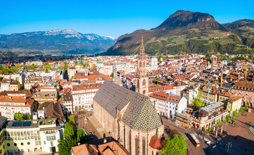 Bolzano Cathedral or Duomo di Bolzano aerial panoramic view, located in Bolzano city in South Tyrol, Italy 
