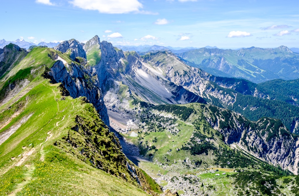 The sheer rock faces of the Rofan Mountains posed many hurdles for early rock climbers. Brandenberg Alps