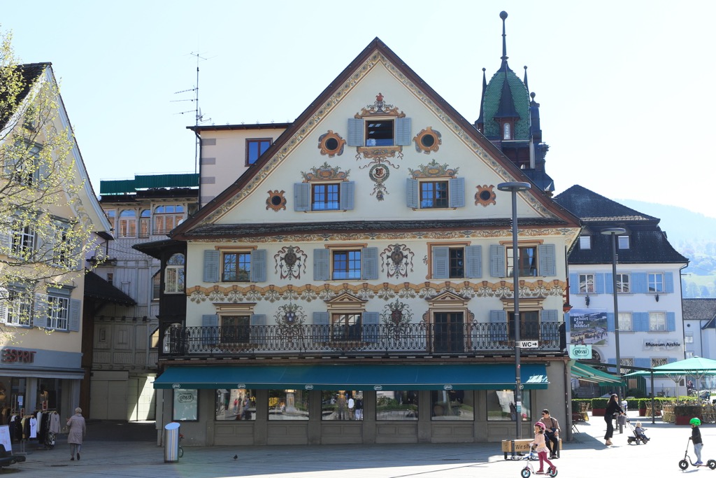 An example of traditional architecture in the Marktplatz Dornbirn. Bregenz Forest Mountains