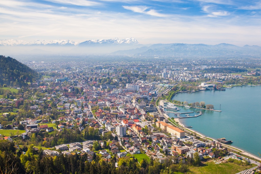 Aerial view of Bregenz. Bregenz Forest Mountains