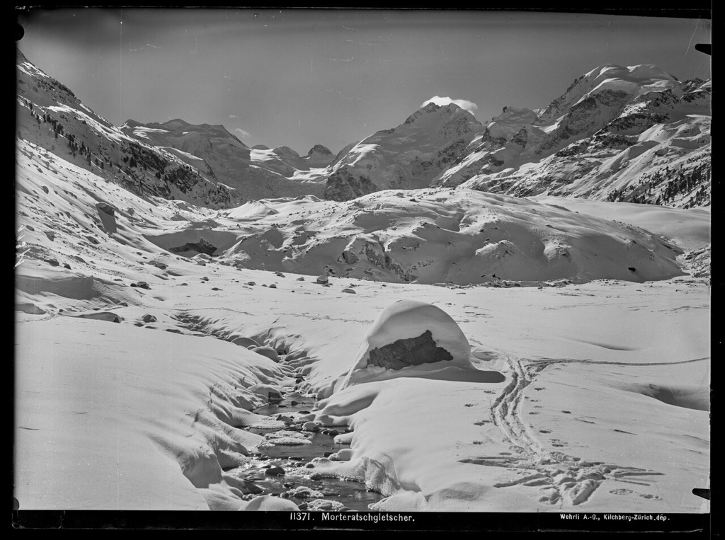 Morteratsch Glacier descending towards the valley in February 1910