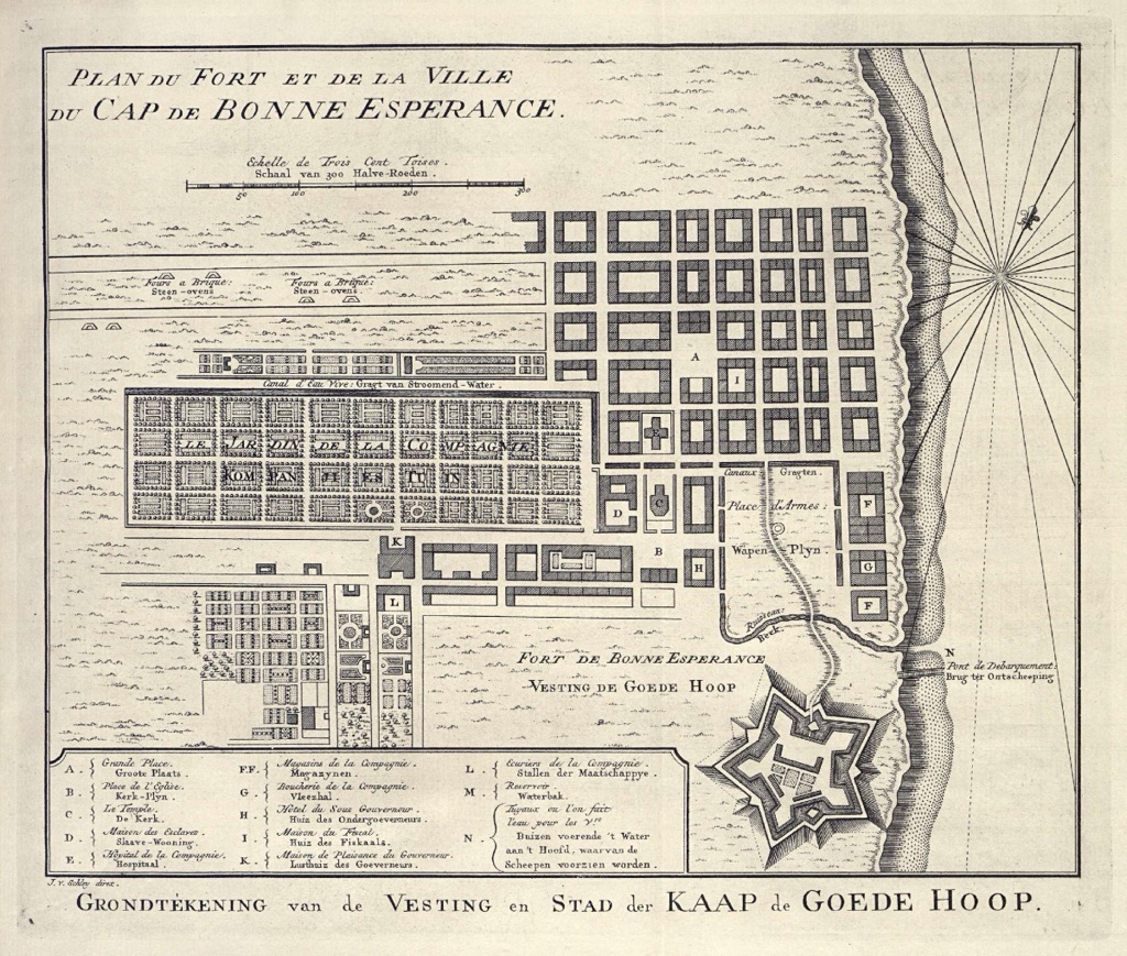 An 18th-century map depicting the Dutch settlement on the Cape of Good Hope. The settlement would later become Cape Town