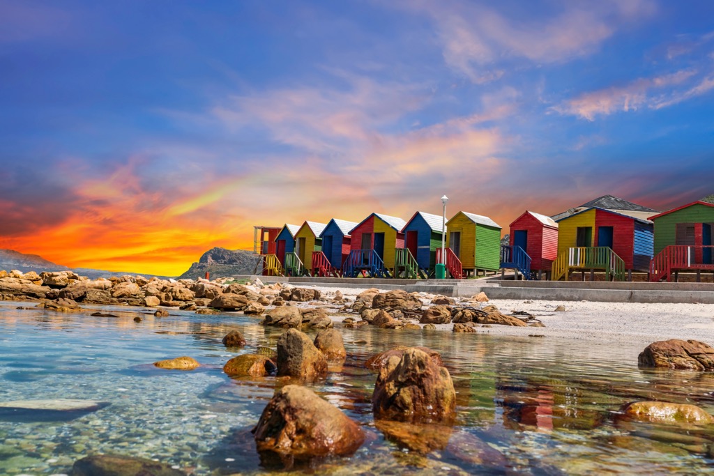 Muizenberg is famous for its painted wooden beach huts. Cape Town