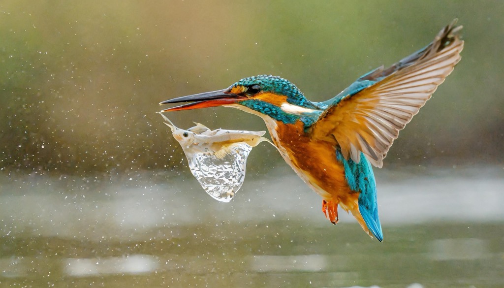 A European kingfisher attempts to catch a jumping fish. Cheile Nerei-Beusnita