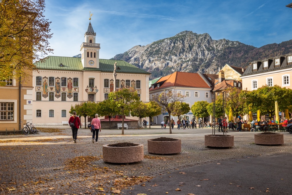 Bad Reichenhall town square, with the Chiemgau Alps in the backdrop. Chiemgau Alps