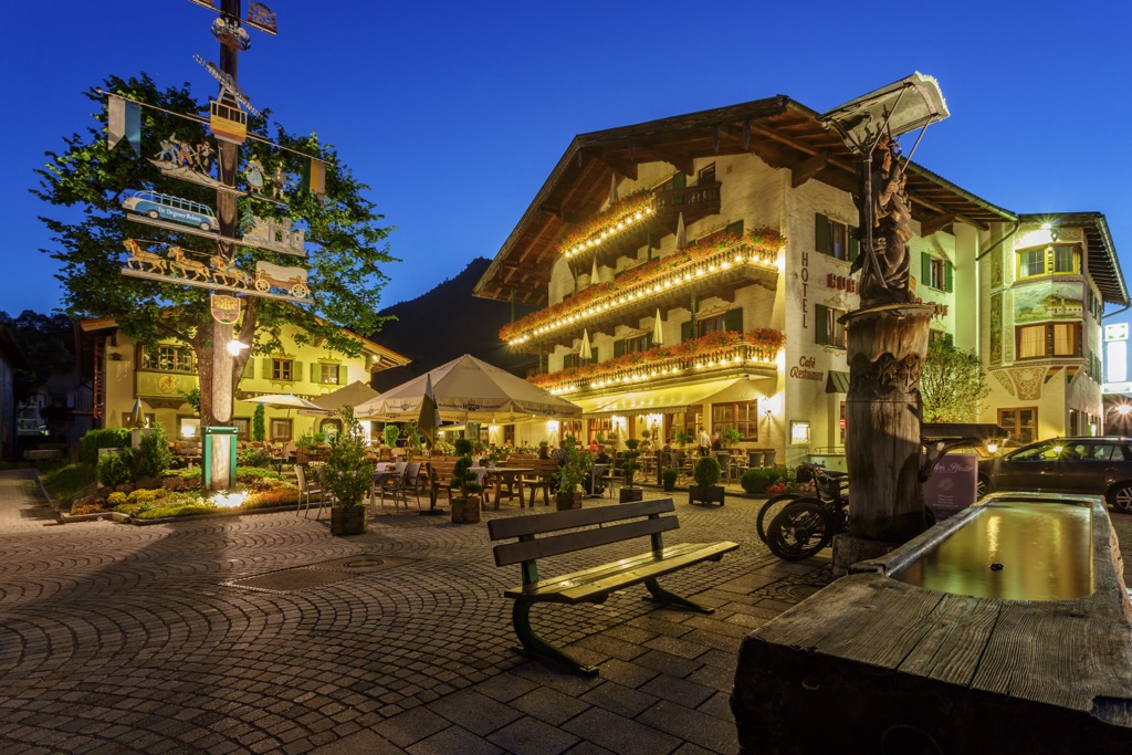 Ruhpolding town center at night. Chiemgau Alps