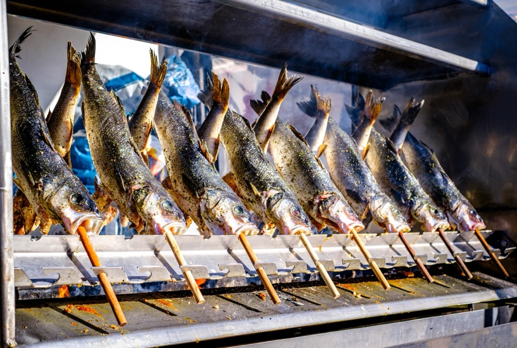 Steckerlfisch is usually made with bream, trout, char or mackerel. Chiemgau Alps