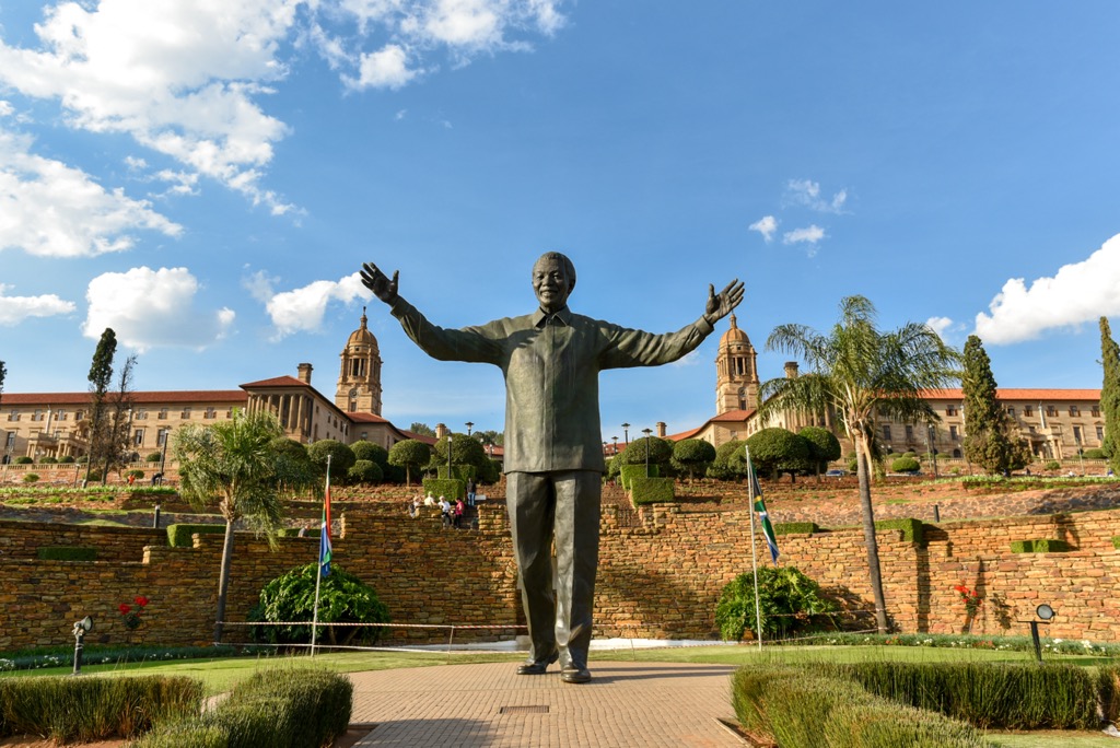 A statue of Nelson Mandela in front of the Union Buildings, Pretoria. City of Tshwane Metropolitan Municipality