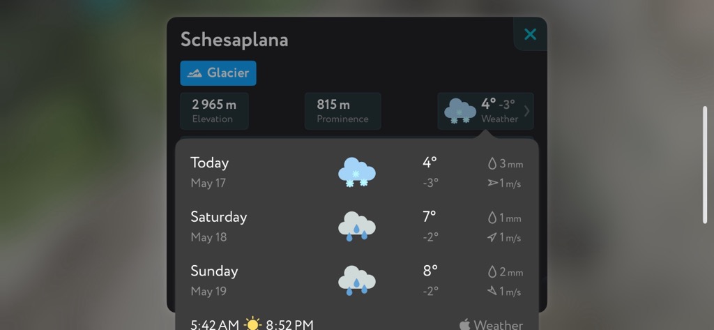 Point forecasts are another super helpful feature of the PeakVisor app. The weather is often far different in the alpine than in the valleys, and it’s important to check a high-resolution forecast for the right location and altitude. Climbing Schesaplana