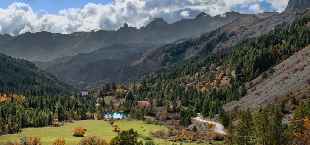 Lärchenwald, der sich um einen kleinen See und die Straße zum Col de Vars golden färbt, Hautes-Alpes