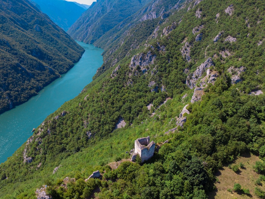 The ancient town of Klotjevac is perched on a steep mountainside. Drina National Park