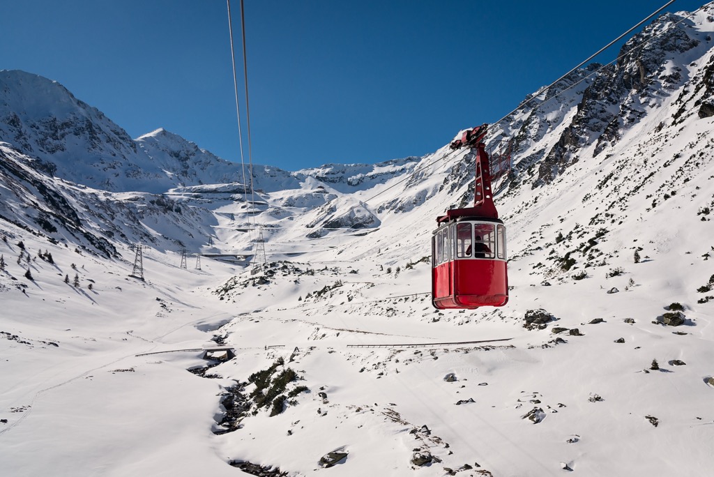 The cable car heading to the lake in winter. Fagaras Mountains