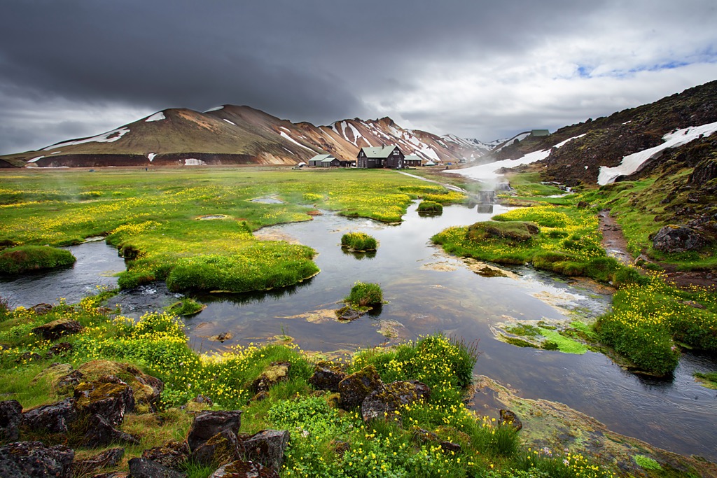 Landmannalaugar’s People’s Pools are among the most popular hot springs in southern Iceland. Fjallabak Nature Reserve