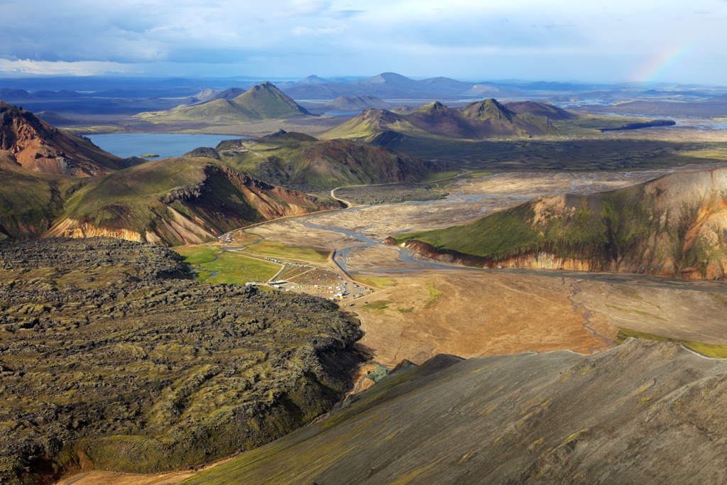 The view of the Laugahraun lava field next to the Landmannalaugar Campground from Bláhnúkur (940 m / 3,100 ft). Fjallabak Nature Reserve