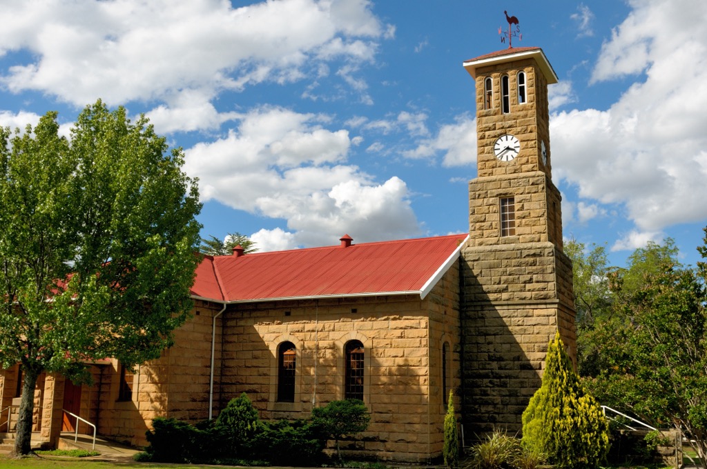 The sandstone church of Clarens, South Africa. Golden Gate