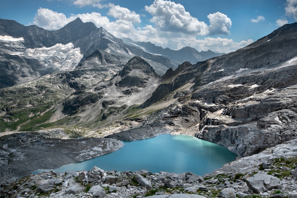 Weißsee below Sonnblickkees (2,751 m / 9,026 ft) near Granatspitze (3,086 m / 10,125 ft). Granatspitze Group