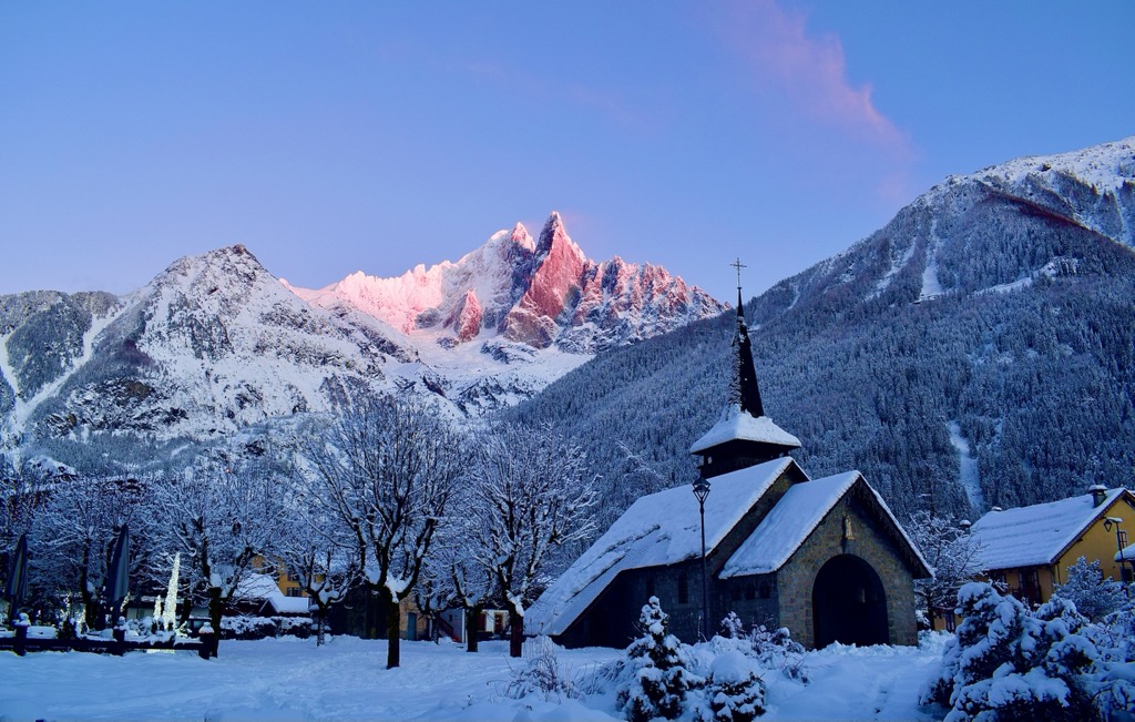 The Aiguille Verte and Dru during alpen glow sunset. Photo: Sergei Poljak. Grands Montets