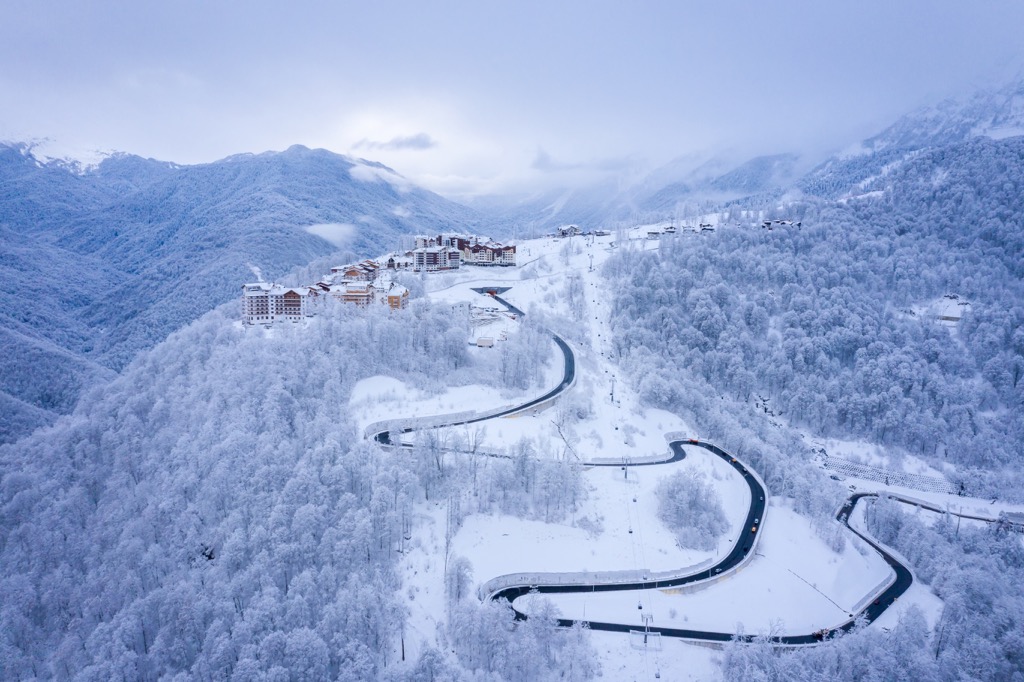 Ski Resort Rosa Khutor and the mountain road to it, Greater-Caucasus