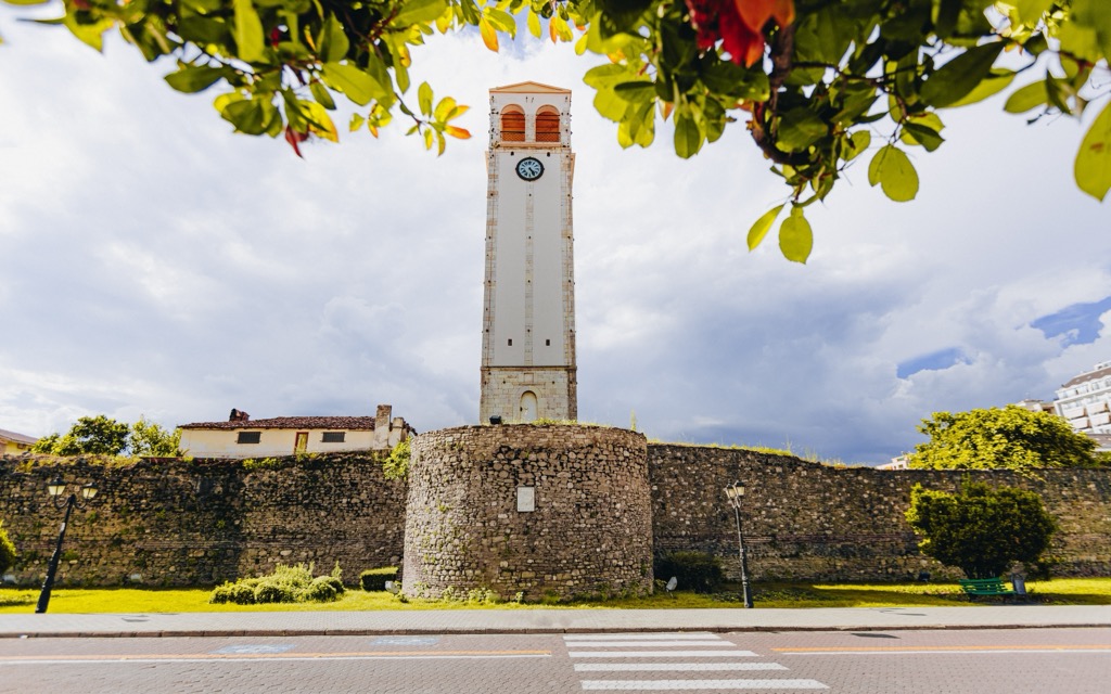 The clock tower and old city walls of Elbasan, Albania. Gropa Bize Martanesh