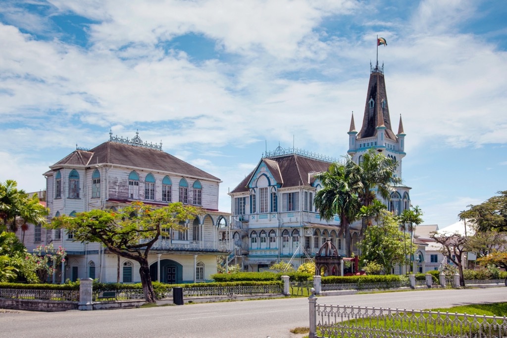 The lively Gothic-style city hall in Georgetown. Guyana