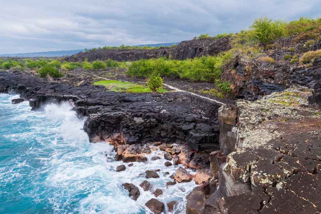 A section of the trail along the coast overlooking Alahaka Bay. Hawaii County
